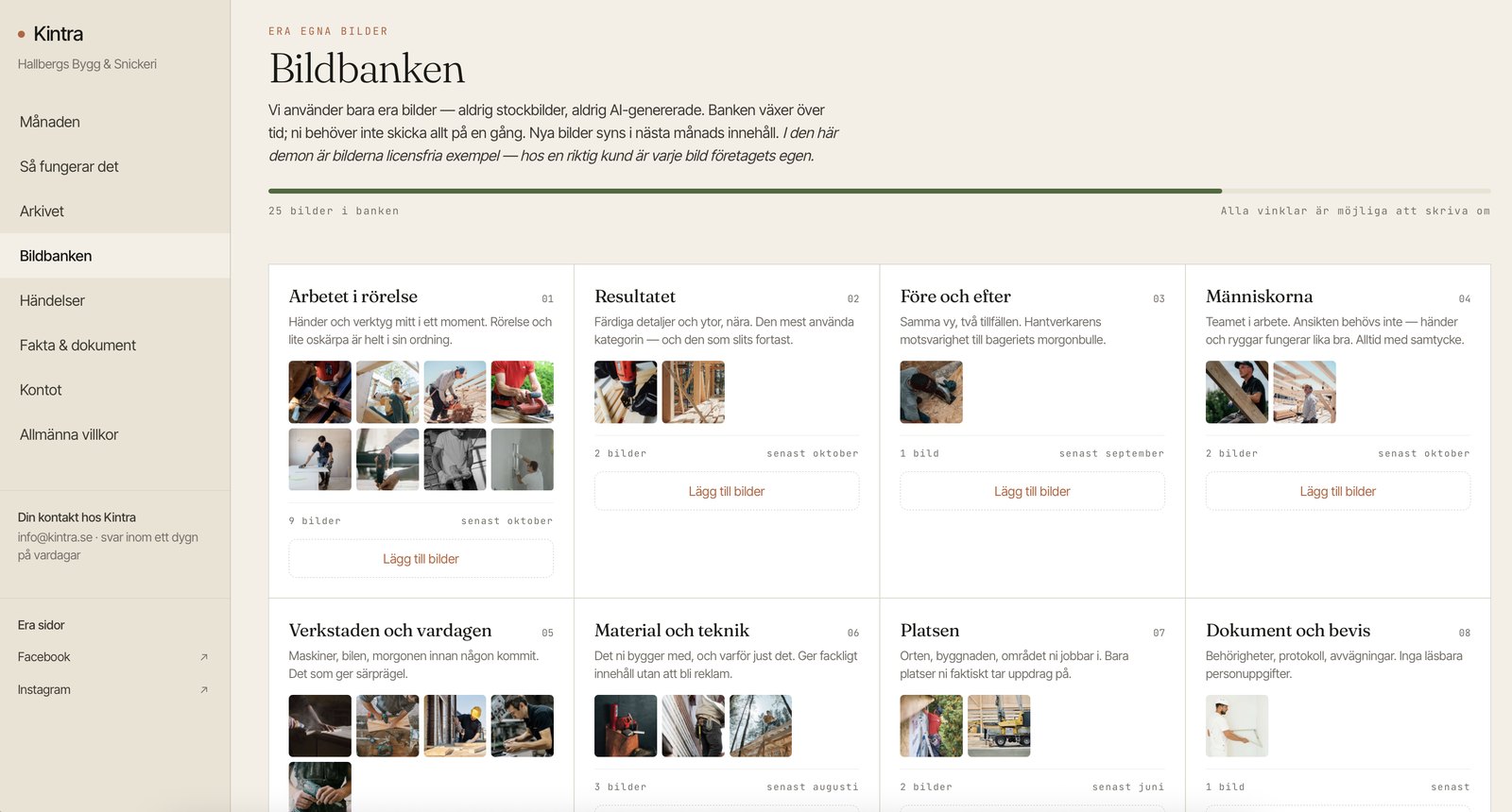 The photo bank in the construction demo for a carpentry business, with eight angles.